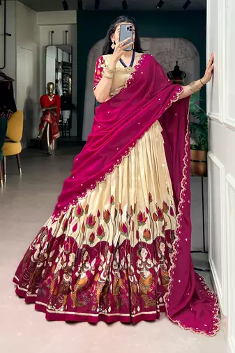 Kalamkari Printed Tussar silk blend Lehenga Choli with Chinon Dupatta