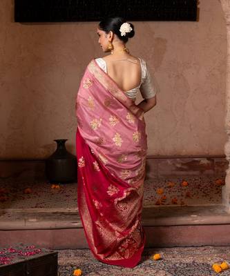 Red embroidered pure katan silk saree 4