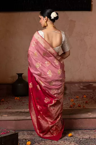 Red embroidered pure katan silk saree