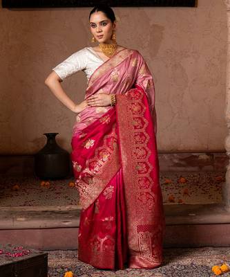 Red embroidered pure katan silk saree 5