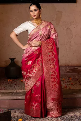Red embroidered pure katan silk saree