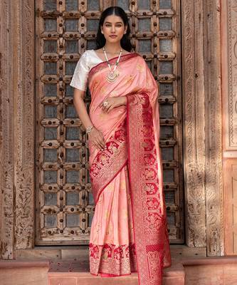 Peach embroidered pure katan silk saree 1