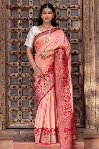 Peach embroidered pure katan silk saree