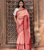Peach embroidered pure katan silk saree