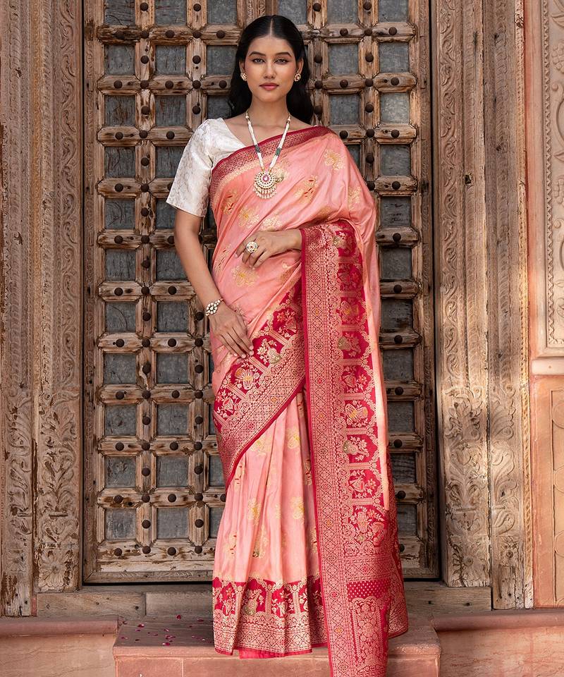 Peach embroidered pure katan silk saree