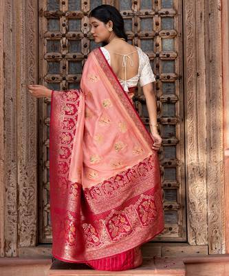 Peach embroidered pure katan silk saree 2