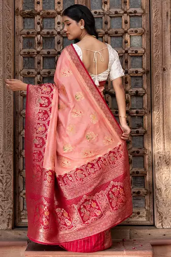 Peach embroidered pure katan silk saree