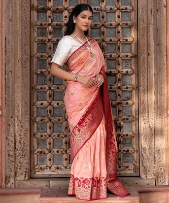 Peach embroidered pure katan silk saree 3