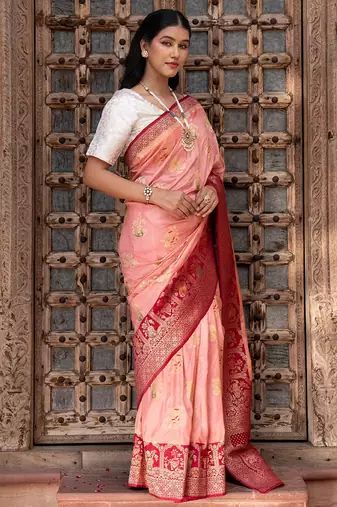 Peach embroidered pure katan silk saree