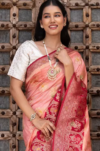 Peach embroidered pure katan silk saree
