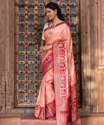 Peach embroidered pure katan silk saree 5
