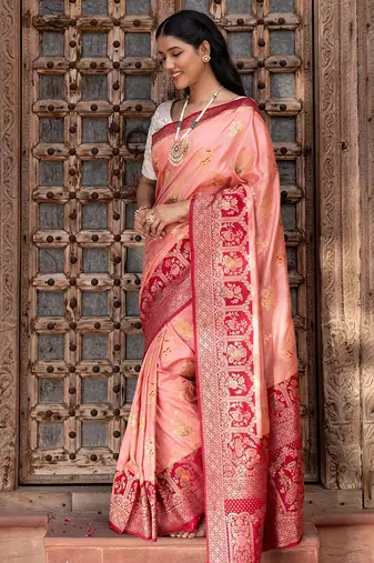 Peach embroidered pure katan silk saree