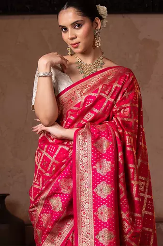 Pink embroidered pure monga silk saree