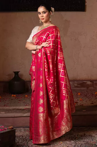Pink embroidered pure monga silk saree