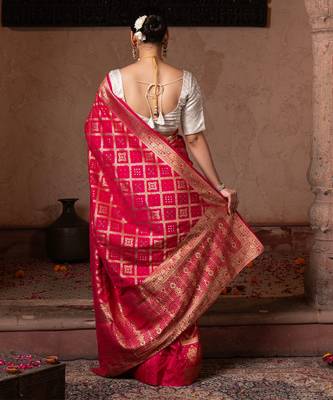 Pink embroidered pure monga silk saree 5