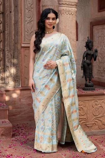 Sky blue embroidered pure monga silk saree