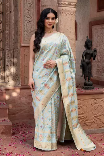Sky blue embroidered pure monga silk saree