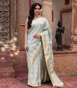Sky blue embroidered pure monga silk saree
