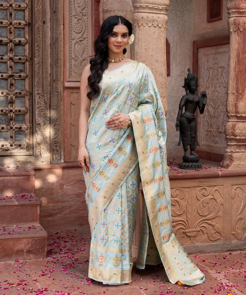 Sky blue embroidered pure monga silk saree