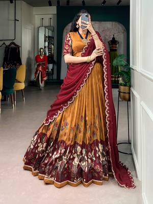 Kalamkari Printed Tussar silk blend Lehenga Choli with Chinon Dupatta 1