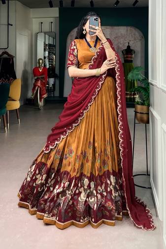 Kalamkari Printed Tussar silk blend Lehenga Choli with Chinon Dupatta