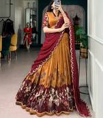 Kalamkari Printed Tussar silk blend Lehenga Choli with Chinon Dupatta