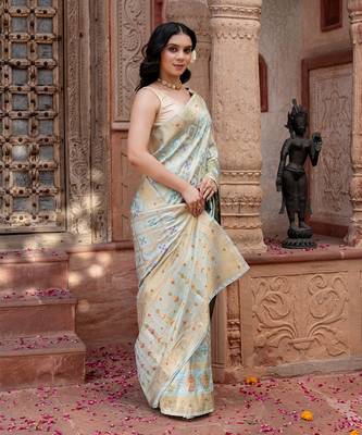 Sky blue embroidered pure monga silk saree 2