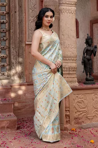 Sky blue embroidered pure monga silk saree