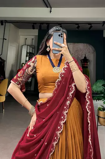 Kalamkari Printed Tussar silk blend Lehenga Choli with Chinon Dupatta