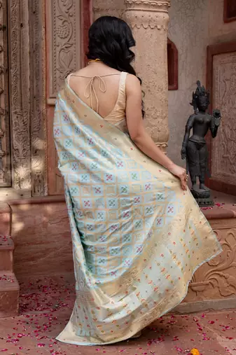 Sky blue embroidered pure monga silk saree