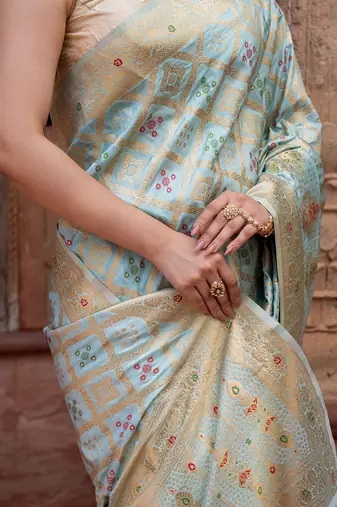 Sky blue embroidered pure monga silk saree