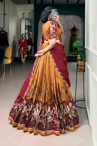 Kalamkari Printed Tussar silk blend Lehenga Choli with Chinon Dupatta