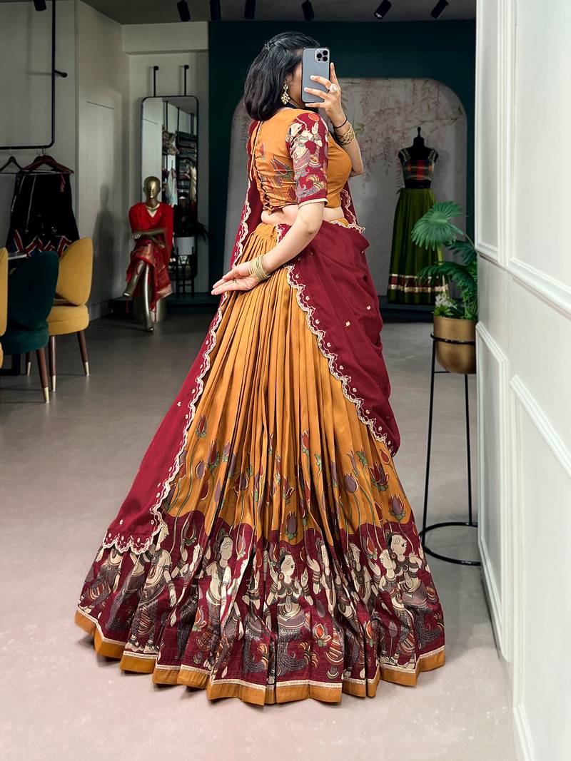 Kalamkari Printed Tussar silk blend Lehenga Choli with Chinon Dupatta