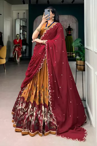Kalamkari Printed Tussar silk blend Lehenga Choli with Chinon Dupatta