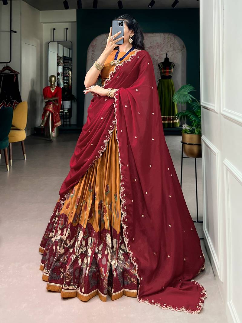 Kalamkari Printed Tussar silk blend Lehenga Choli with Chinon Dupatta