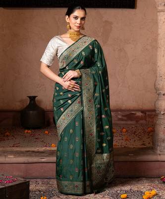 Green embroidered pure katan silk saree 1