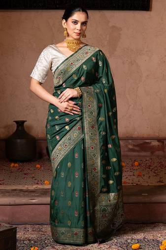 Green embroidered pure katan silk saree