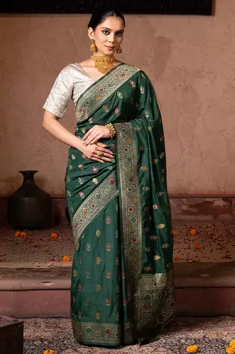 Green embroidered pure katan silk saree