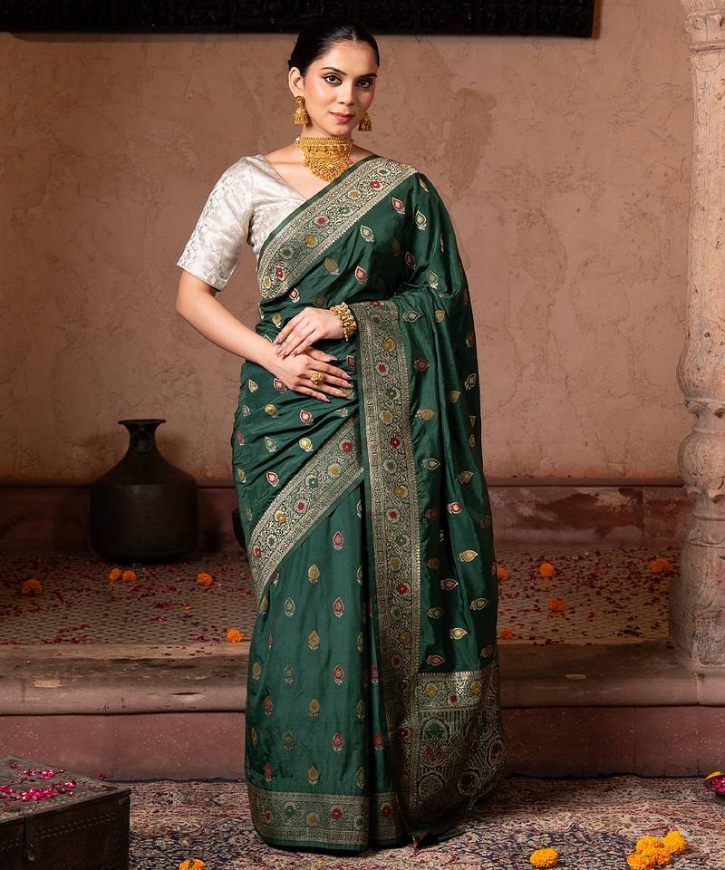 Green embroidered pure katan silk saree