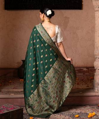 Green embroidered pure katan silk saree 2