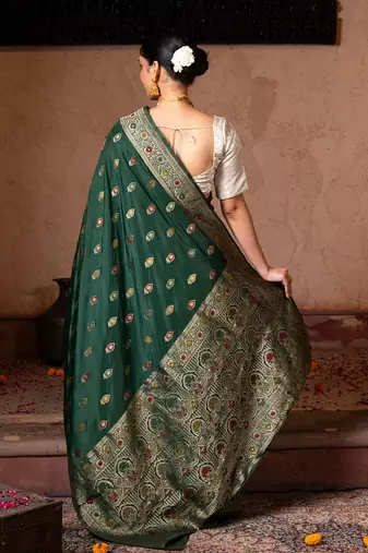 Green embroidered pure katan silk saree