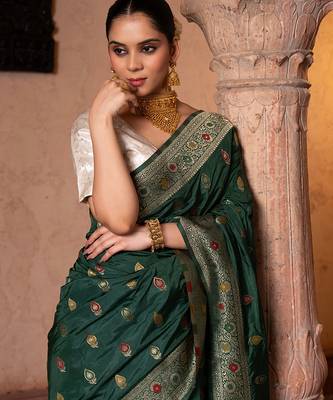 Green embroidered pure katan silk saree 3