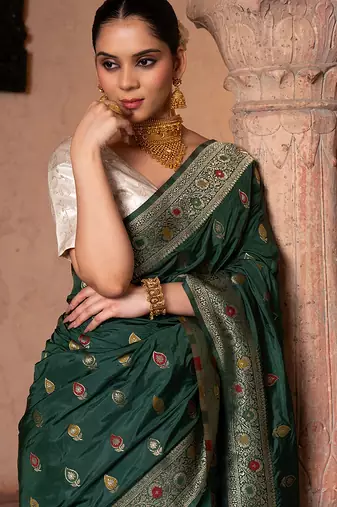 Green embroidered pure katan silk saree