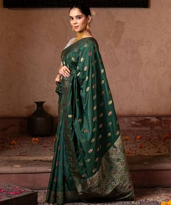Green embroidered pure katan silk saree 5