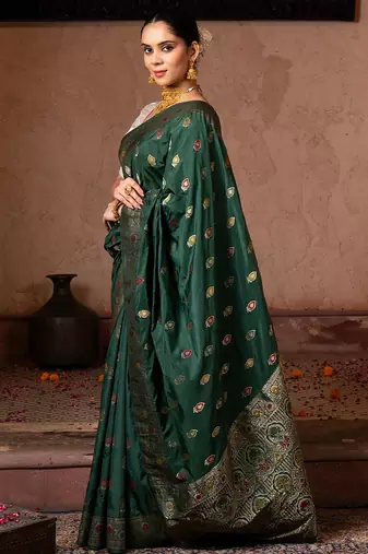 Green embroidered pure katan silk saree