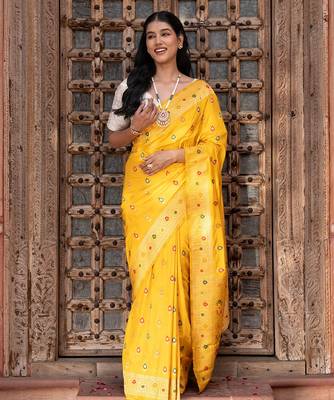 Yellow embroidered pure katan silk saree 1