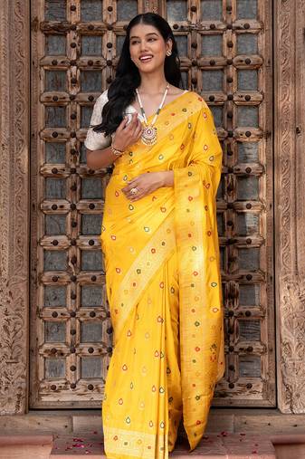 Yellow embroidered pure katan silk saree