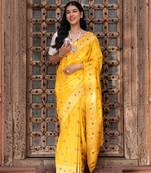 Yellow embroidered pure katan silk saree
