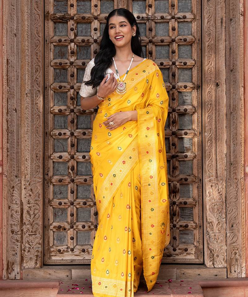 Yellow embroidered pure katan silk saree