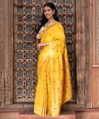 Yellow embroidered pure katan silk saree 2